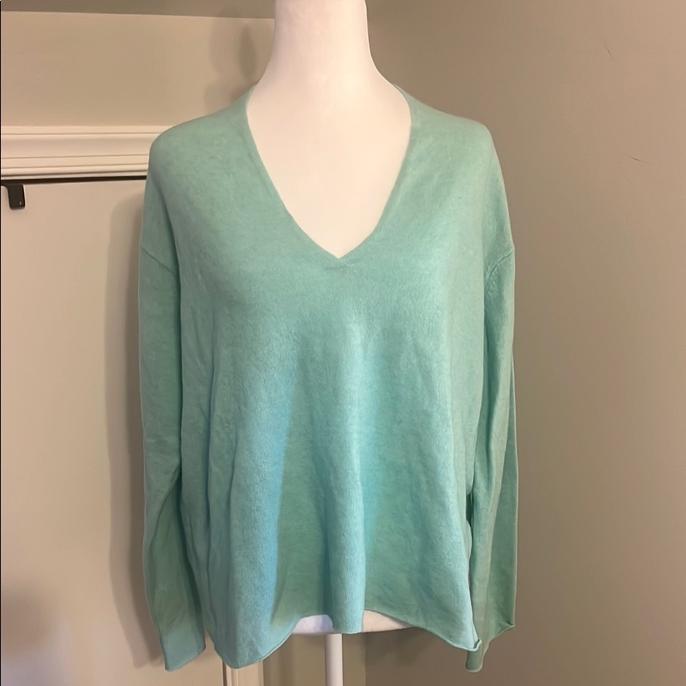 Eileen Fisher Womens Medium‎ Aqua Merino Wool Blend V-Neck Boxy Knit Sweater